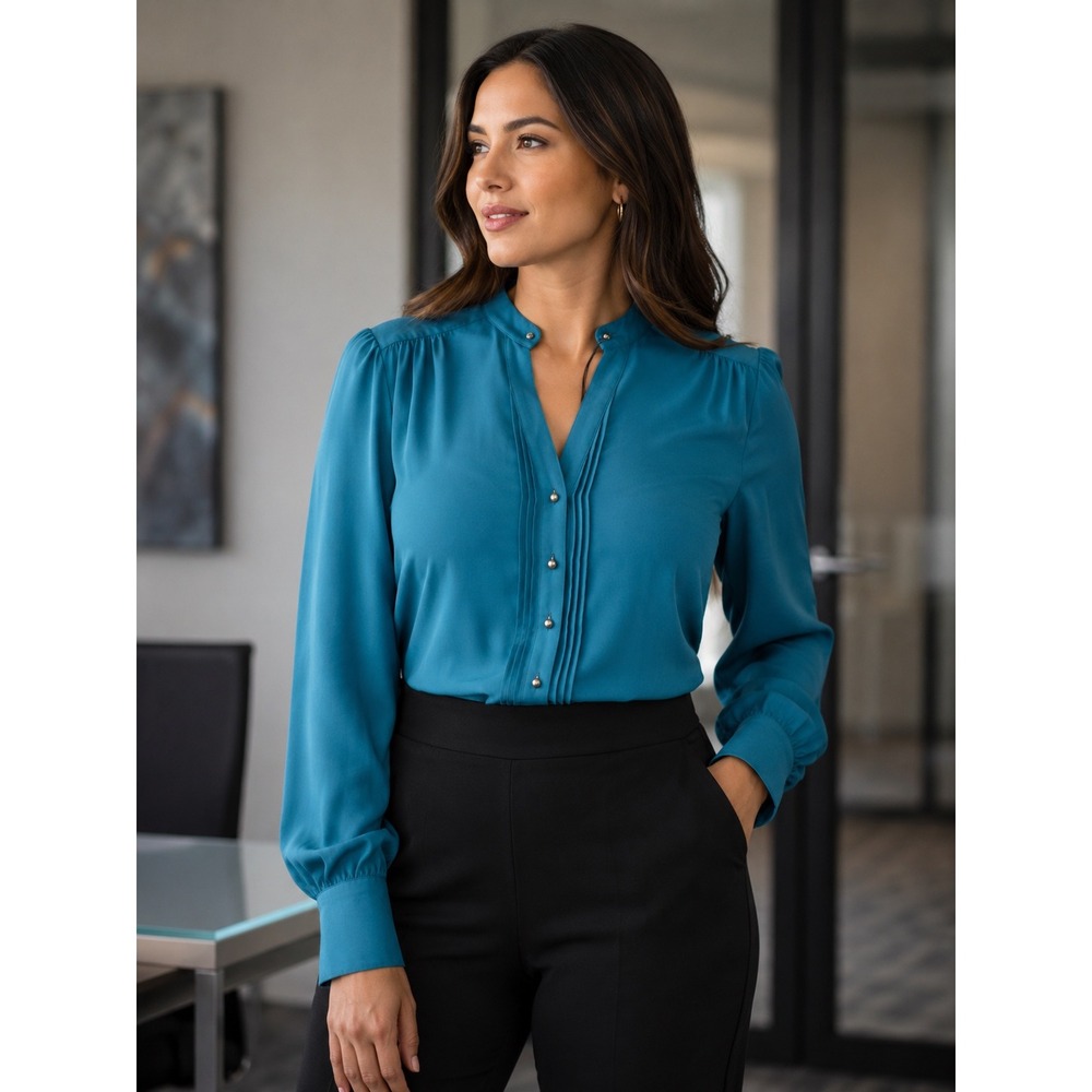 Moulinette Soeurs Teal Pintuck Mock Neck Blouse Silver Ball Buttons Size 2
